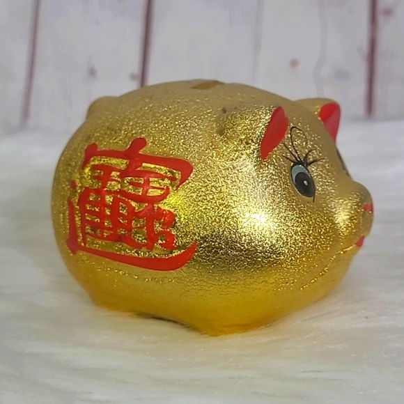 Vintage Chinese Piggy Bank Coin Bank Ceramic Gold Lucky Porcelain Fortune Pig - Picture 6 of 10